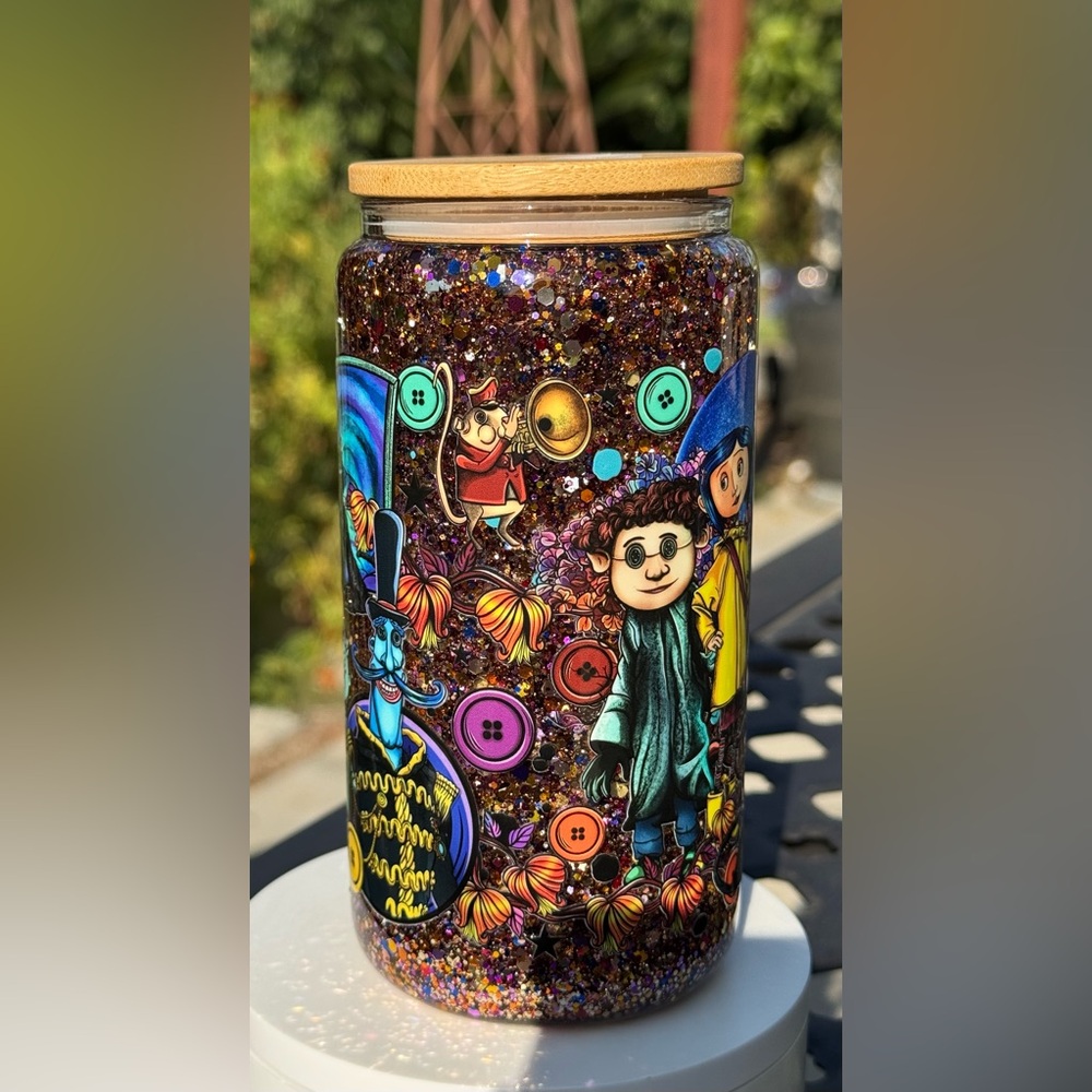 Colorful Coraline Themed glass snow globe tumbler 16oz hand wash